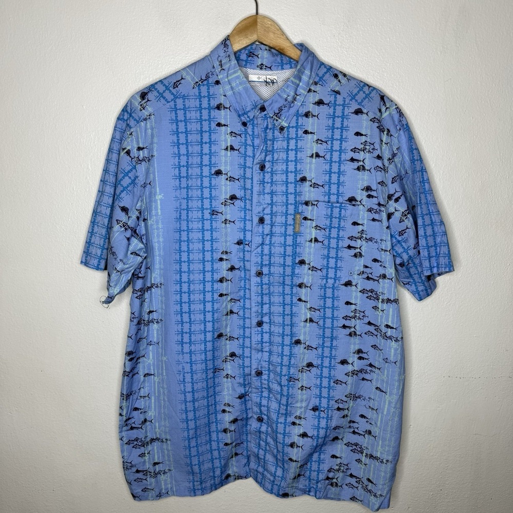 Columbia pFG Performance Fishing Blue Swordfish Shirt Short Sleeve Mens Large